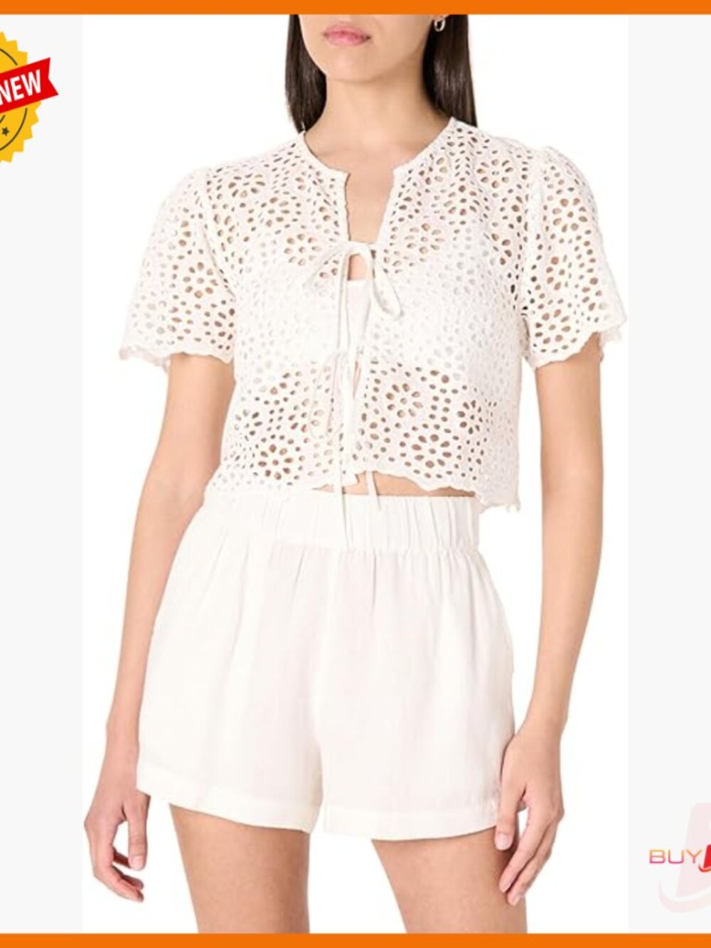 Lace Tie Front Top With Scallop Detail, Short Sleeve Blouse, Cotton